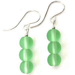 Green Sea Glass Dangle Earrings Sterling Silver Hypoallergenic Wires Women